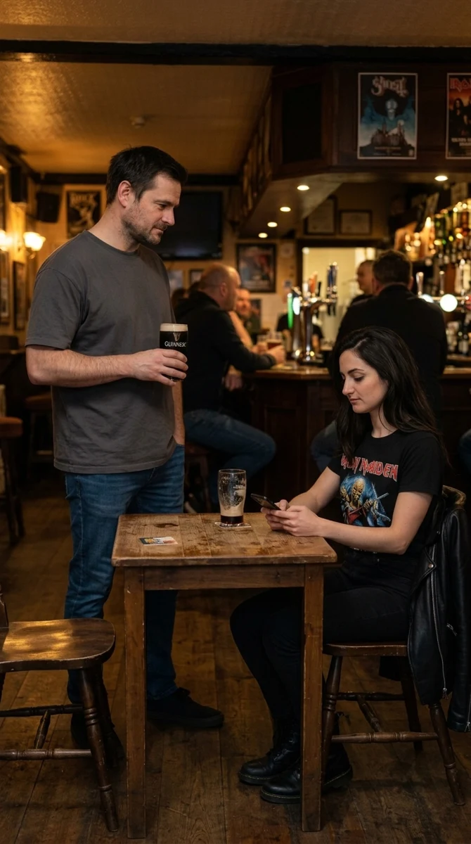 Bartek approaches Emily at the bar with his Guinness