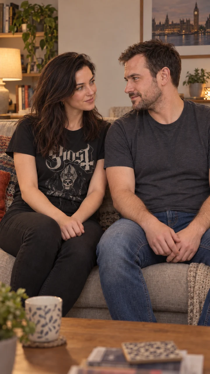 Bartek and Emily share a moment on the sofa