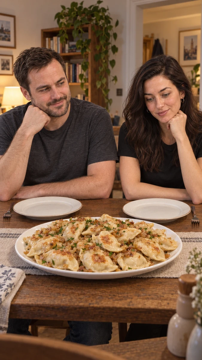 Bartek and Emily at a table with pierogi